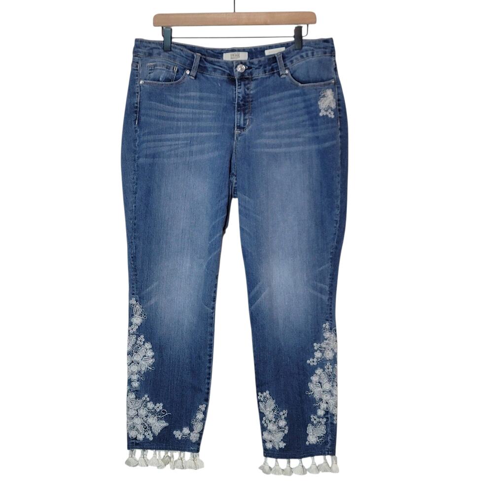 Vintage America Boho Embroidered Capri Jeans Blue High Rise Tassel Hem 14/32